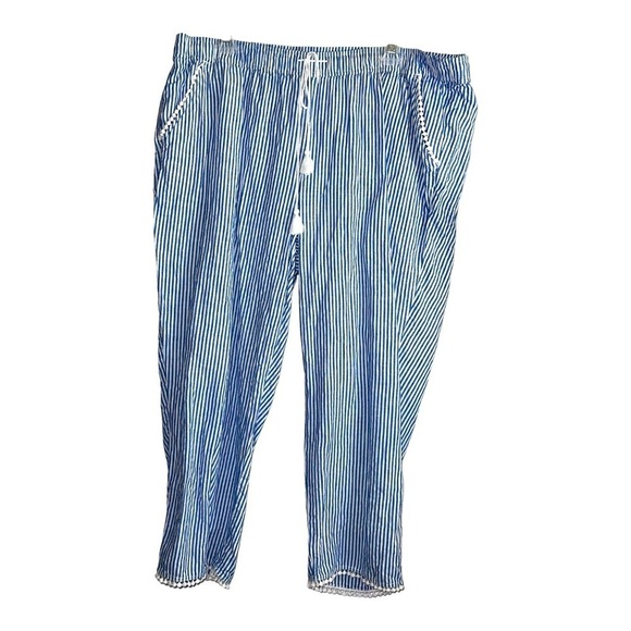 TALBOTS Blue Stripes Linen Blend Casual Tassel Drawstring Elastic Waist Pants - Picture 1 of 8